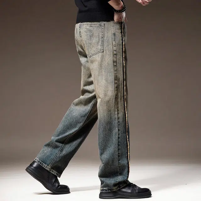 贵色 春季 美式高街潮牌百搭中腰直筒宽松拉链长裤牛仔裤 男女同款 蓝色