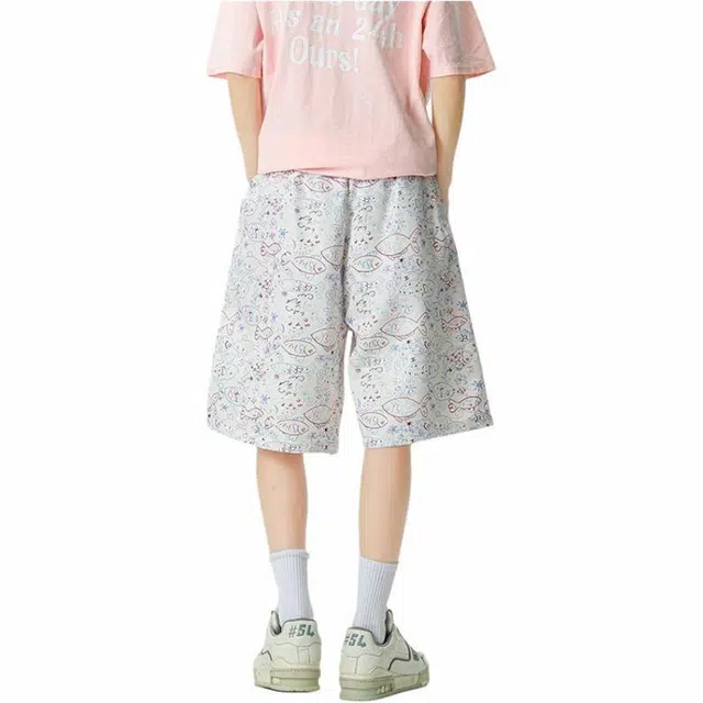 颂希尔 涂鸦宽松百搭舒适休闲短裤 男女同款 白色