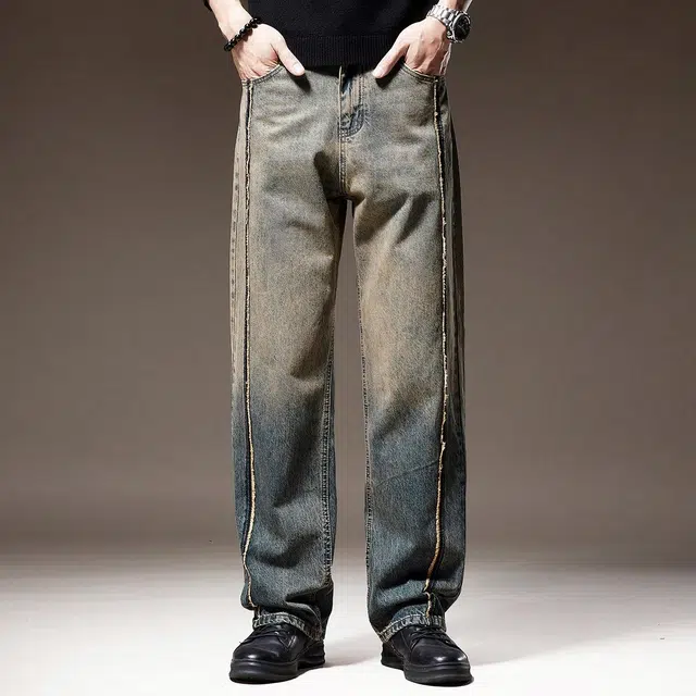 贵色 春季 美式高街潮牌百搭中腰直筒宽松拉链长裤牛仔裤 男女同款 蓝色