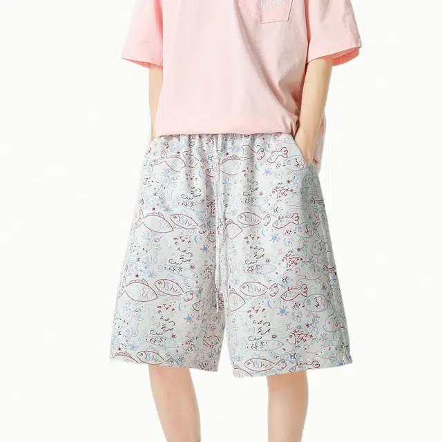 颂希尔 涂鸦宽松百搭舒适休闲短裤 男女同款 白色