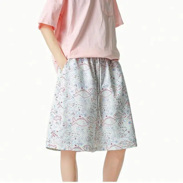 颂希尔 涂鸦宽松百搭舒适休闲短裤 男女同款 白色