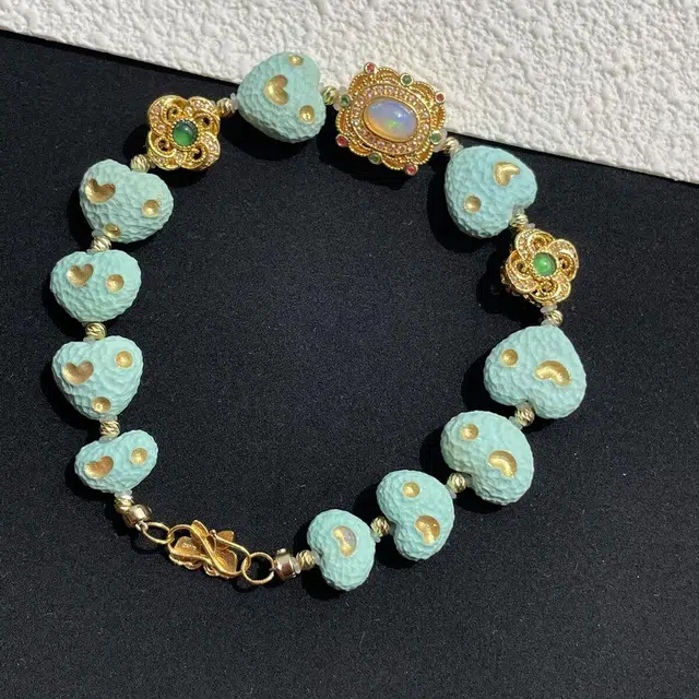 灵运宝 【师傅已加能量】#转运招财原矿湖北高瓷爱心瓷度玻璃瓷一物一图无油无水 绿松石 手链 男女同款情侣款 全新