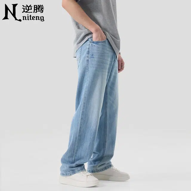 逆腾 潮牌垂感直筒阔腿牛仔裤 男款 浅蓝色