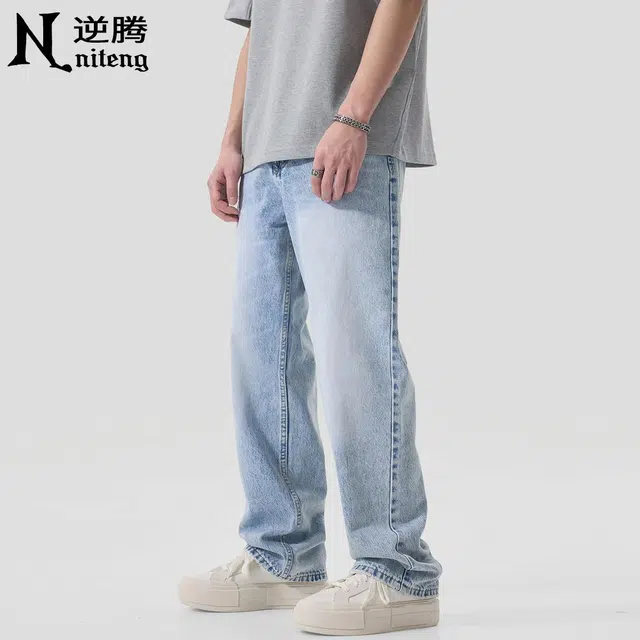 逆腾 潮牌水洗宽松直筒时尚百搭牛仔裤 男款 雪花蓝