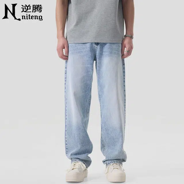 逆腾 潮牌水洗宽松直筒时尚百搭牛仔裤 男款 雪花蓝