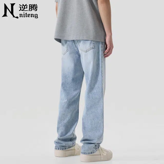 逆腾 潮牌水洗宽松直筒时尚百搭牛仔裤 男款 雪花蓝