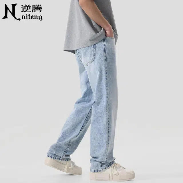 逆腾 潮牌水洗宽松直筒时尚百搭牛仔裤 男款 雪花蓝