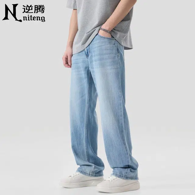 逆腾 潮牌垂感直筒阔腿牛仔裤 男款 浅蓝色