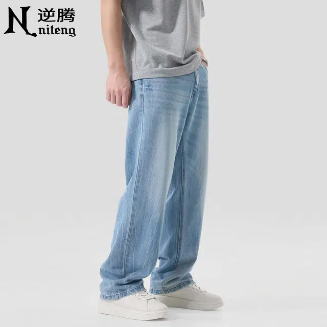 逆腾 潮牌垂感直筒阔腿牛仔裤 男款 浅蓝色