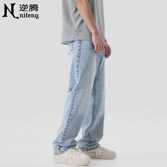 逆腾 潮牌水洗宽松直筒时尚百搭牛仔裤 男款 雪花蓝