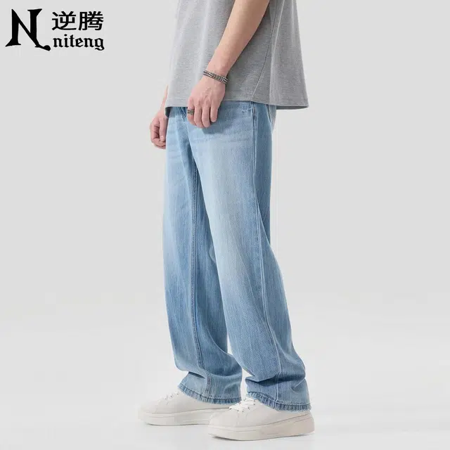逆腾 潮牌垂感直筒阔腿牛仔裤 男款 浅蓝色