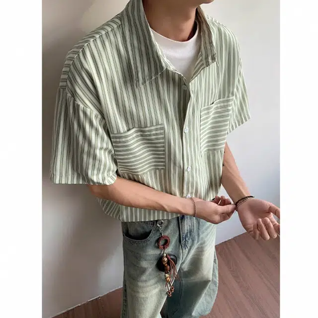 黑马漫画 美式复古小众设计感条纹翻领短袖衬衫 男女同款