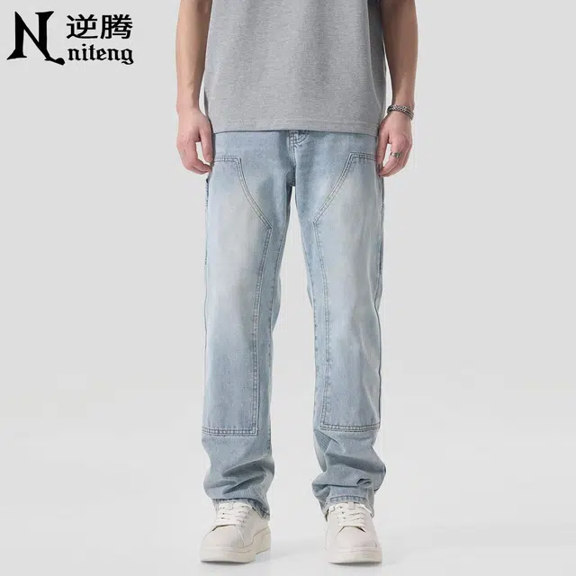 逆腾 拼接水洗做旧直筒宽松牛仔裤 男款 怀旧浅蓝
