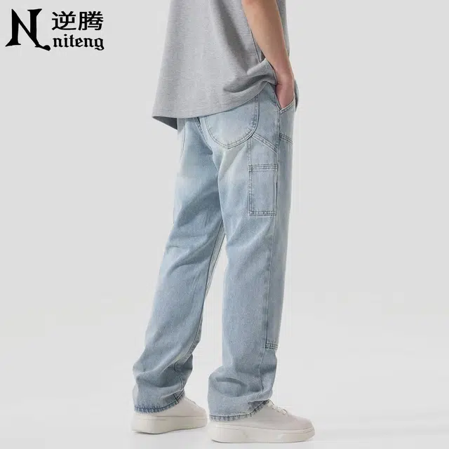 逆腾 拼接水洗做旧直筒宽松牛仔裤 男款 怀旧浅蓝