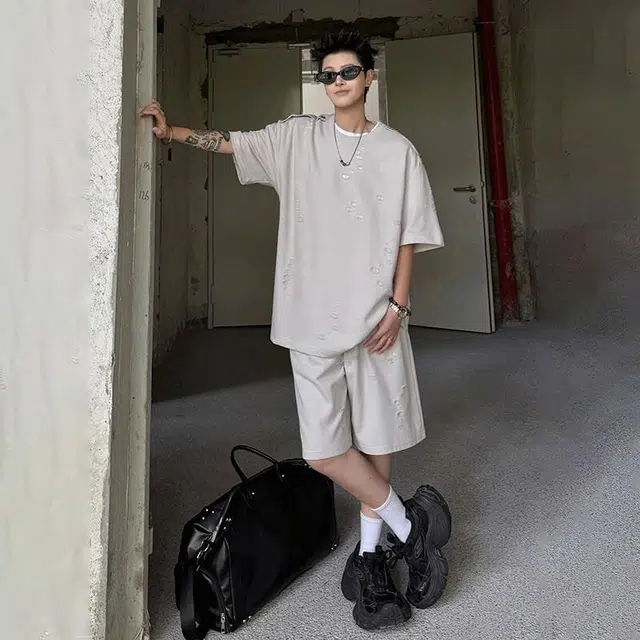泰迪熊 美式复古随性宽松破洞圆领潮牌休闲运动套装 男女同款
