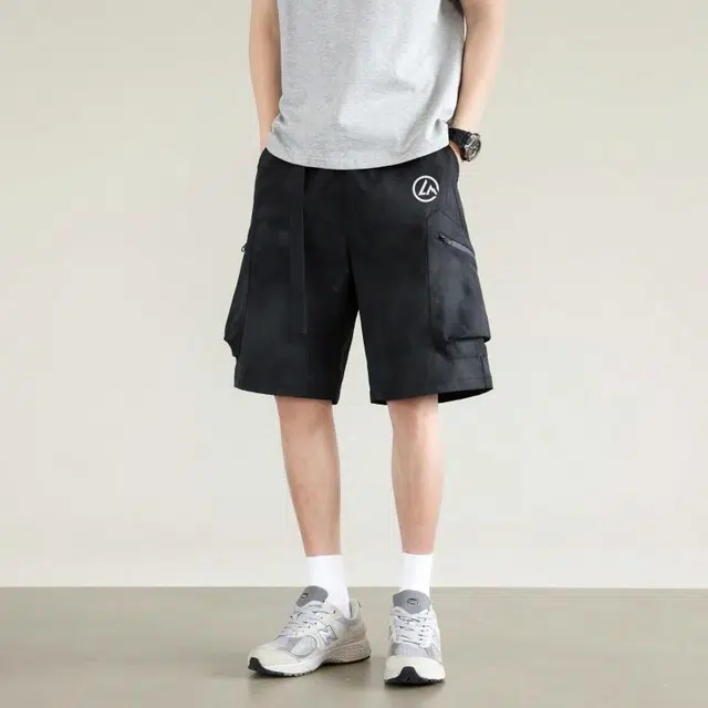 兰缪 日系纯色基础款品牌字母印花舒适亲肤柔软美式复古百搭户外宽松运动休闲短裤 男女同款