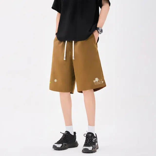 海底小纵队 纯色美式复古手绘花卉字母宽松日常通勤户外中腰舒适透气五分休闲短裤 男女同款