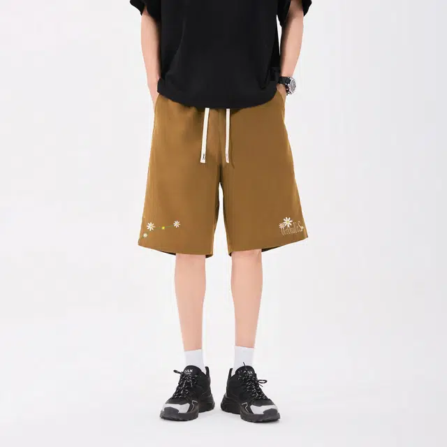 海底小纵队 纯色美式复古手绘花卉字母宽松日常通勤户外中腰舒适透气五分休闲短裤 男女同款