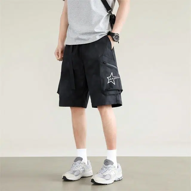 兰缪 日系纯色日常舒适透气宽松五分裤休闲短裤 男女同款