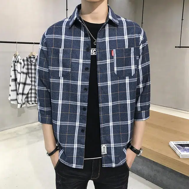 双星八特 休闲百搭格子舒适透气七分袖衬衫 男女同款