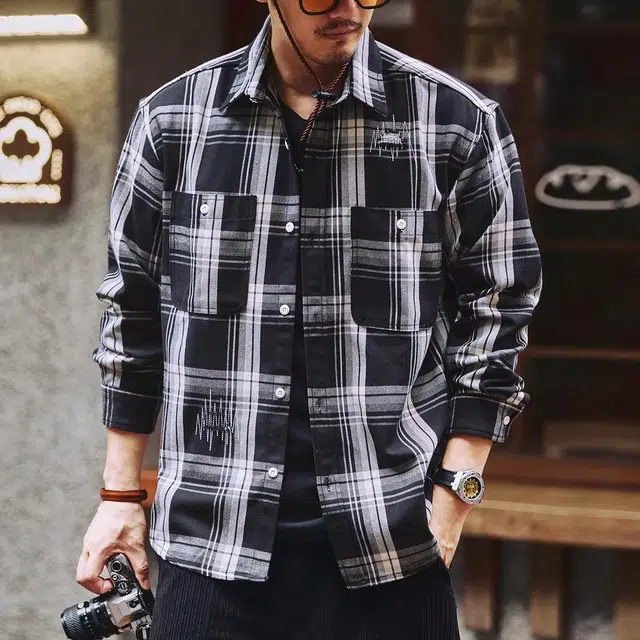 格蓝鹿 宽松翻领纯色休闲长袖衬衫 男款