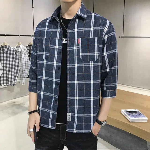 双星八特 休闲百搭格子舒适透气七分袖衬衫 男女同款