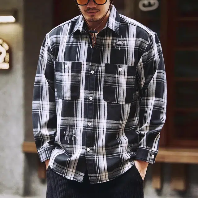 格蓝鹿 宽松翻领纯色休闲长袖衬衫 男款