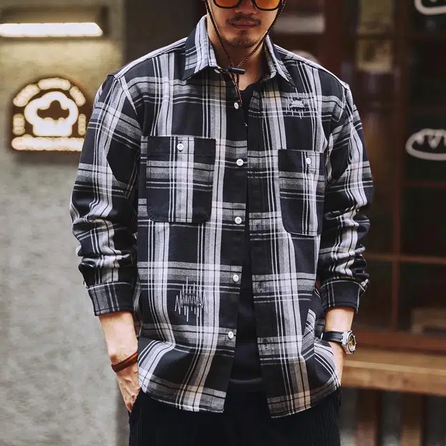 格蓝鹿 宽松翻领纯色休闲长袖衬衫 男款