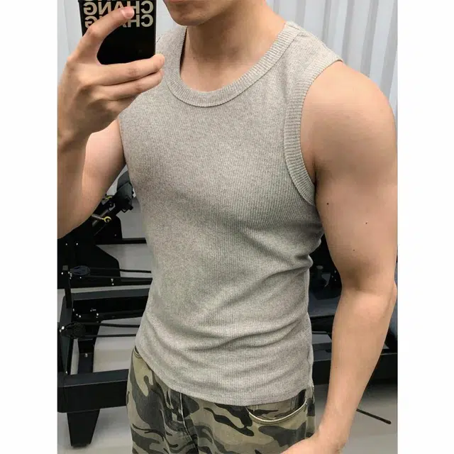颂希尔 美式重磅竖条纹坎肩运动健身弹力修身无袖背心 男女同款