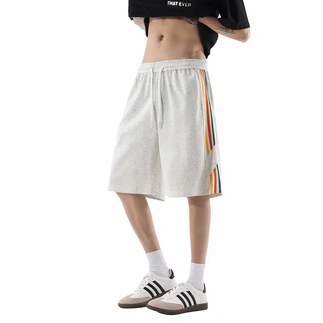 哲源 美式高街基础款日常通勤潮牌痞帅百搭中腰宽松系带纯色条纹适中五分休闲短裤 男女同款