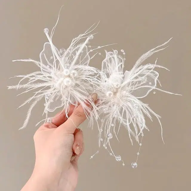 水中玉 超仙高级感羽毛蝴蝶发卡侧边鸭嘴夹甜美气质发饰刘海夹 合金 发夹 女款