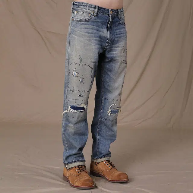 实年服工 手工缝线款重磅做旧水洗破洞补丁赤耳牛仔裤 男款 复古深蓝