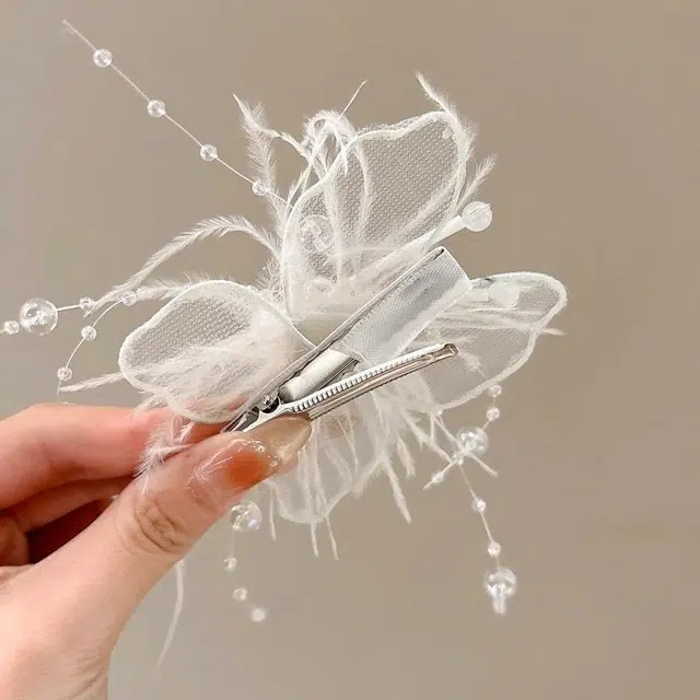 水中玉 超仙高级感羽毛蝴蝶发卡侧边鸭嘴夹甜美气质发饰刘海夹 合金 发夹 女款