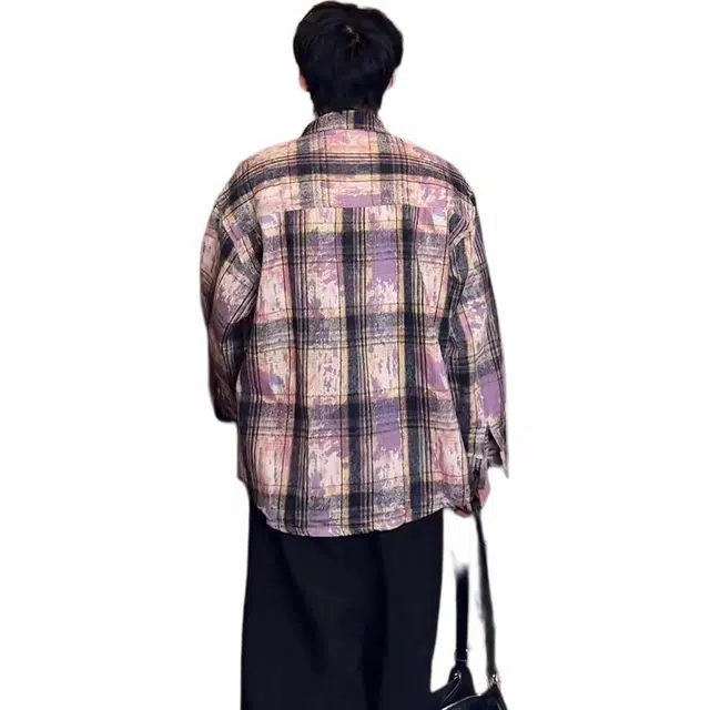 煦加 美式复古扎染格子百搭长袖衬衫 男款 蓝紫色