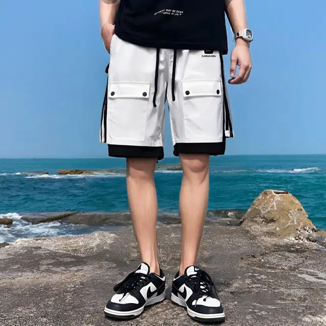 周同学 周杰伦 美式高街潮流系带多口袋简约设计复古五分裤工装短裤 男女同款