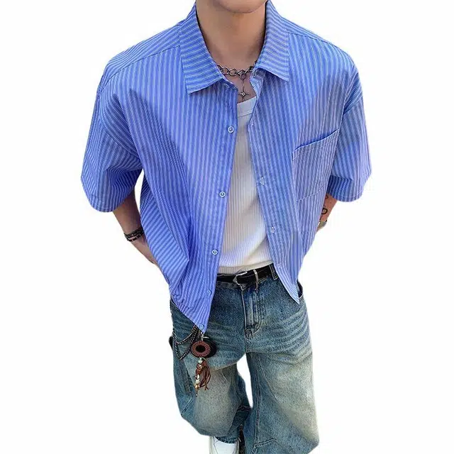 【dme】 简约时尚竖条纹休闲松紧下摆短款潮流百搭宽松短袖衬衫 男女同款