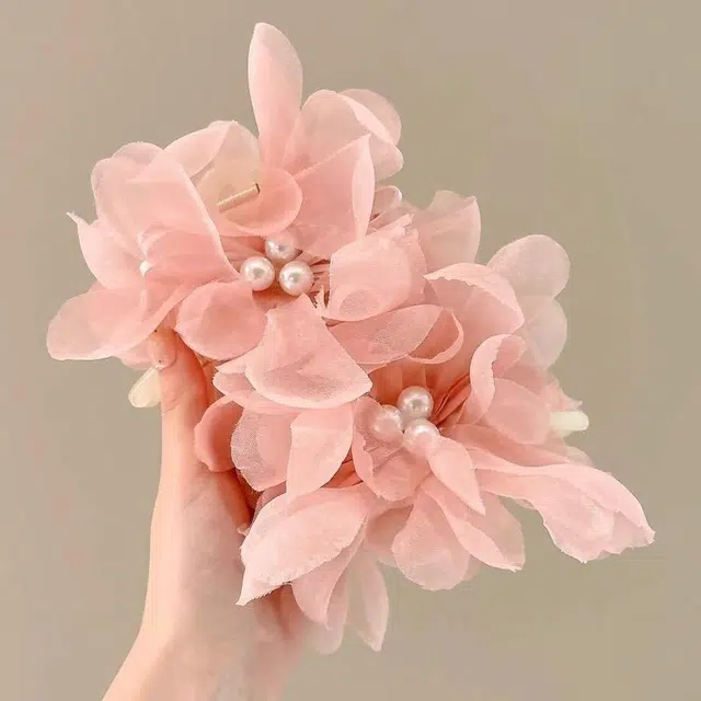 水中玉 超仙网纱花朵发卡高级感气质抓夹后脑勺盘发鲨鱼夹发饰头花头饰 亚克力 发夹 女款