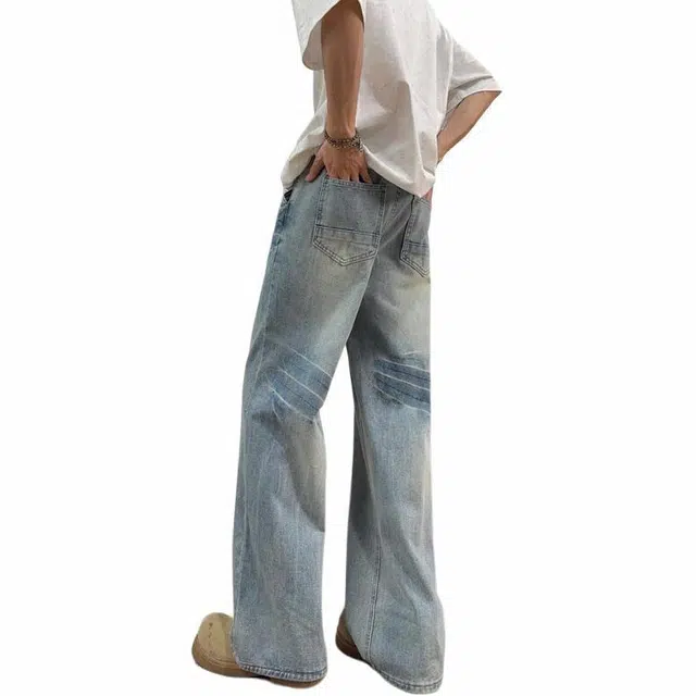 佐菲利 美式高街复古水洗做旧直筒牛仔裤 男女同款 蓝色