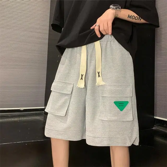 物质公式 美式复古高街华夫格大口袋标志设计潮牌系带宽松百搭五分裤舒适透气吸湿排汗凉感速干直筒痞帅潮流时尚个性工装短裤 男女同款