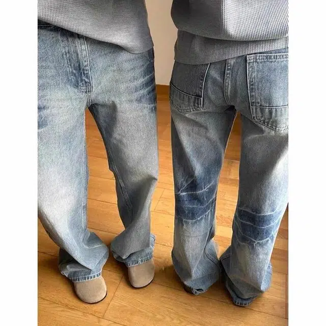 佐菲利 美式高街复古水洗做旧直筒牛仔裤 男女同款 蓝色