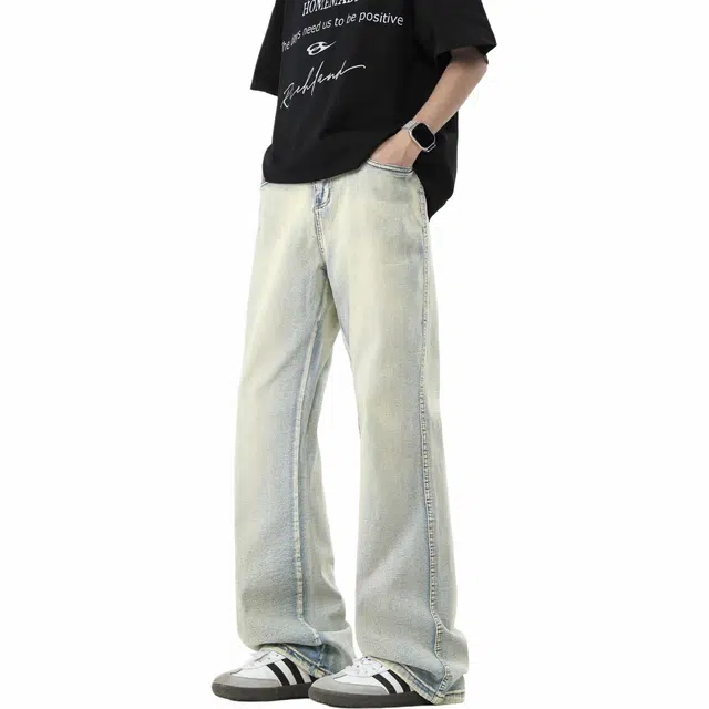 帕丁顿熊 复古水洗简约舒适时尚直筒宽松休闲潮牌美式微喇牛仔裤 男女同款