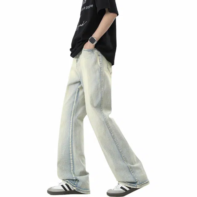 帕丁顿熊 复古水洗简约舒适时尚直筒宽松休闲潮牌美式微喇牛仔裤 男女同款