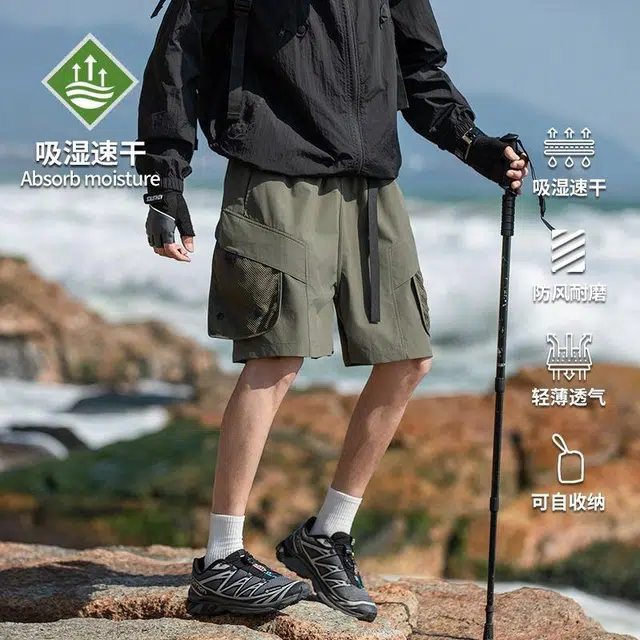 隐狼世家 美式复古户外薄款宽松机能冰丝工装五分休闲短裤 男款