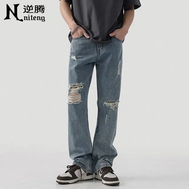 逆腾 美式高街破洞直筒牛仔裤 男款 蓝色