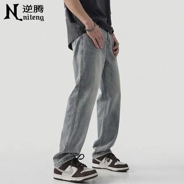 逆腾 潮牌复古直筒牛仔裤 男女同款 蓝色