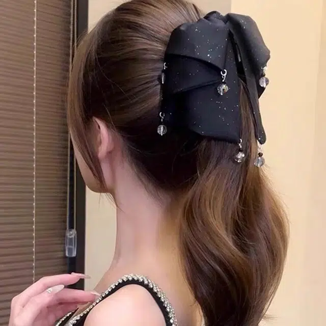 水中玉 满天星蝴蝶结吊珠抓夹高级感后脑勺半扎发鲨鱼夹高马尾发卡头饰 亚克力 发夹 女款