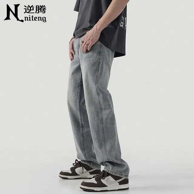 逆腾 潮牌复古直筒牛仔裤 男女同款 蓝色