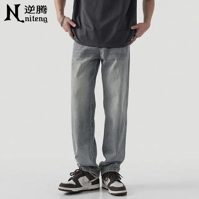 逆腾 潮牌复古直筒牛仔裤 男女同款 蓝色