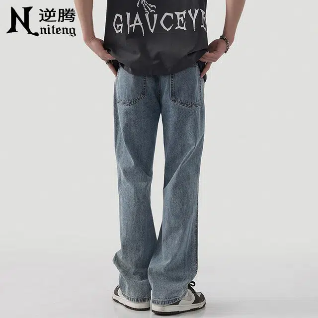 逆腾 美式高街破洞直筒牛仔裤 男款 蓝色