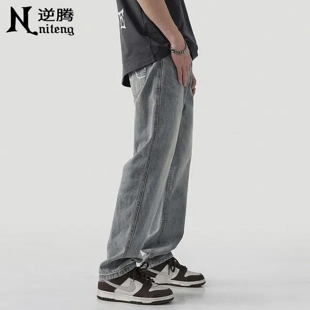 逆腾 潮牌复古直筒牛仔裤 男女同款 蓝色